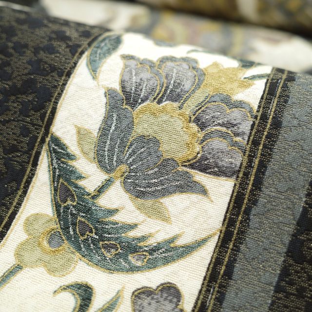 中古】すごい値！袋帯 長尺 正絹 黒 花鳥 花更紗 金通し 金彩 全通柄  