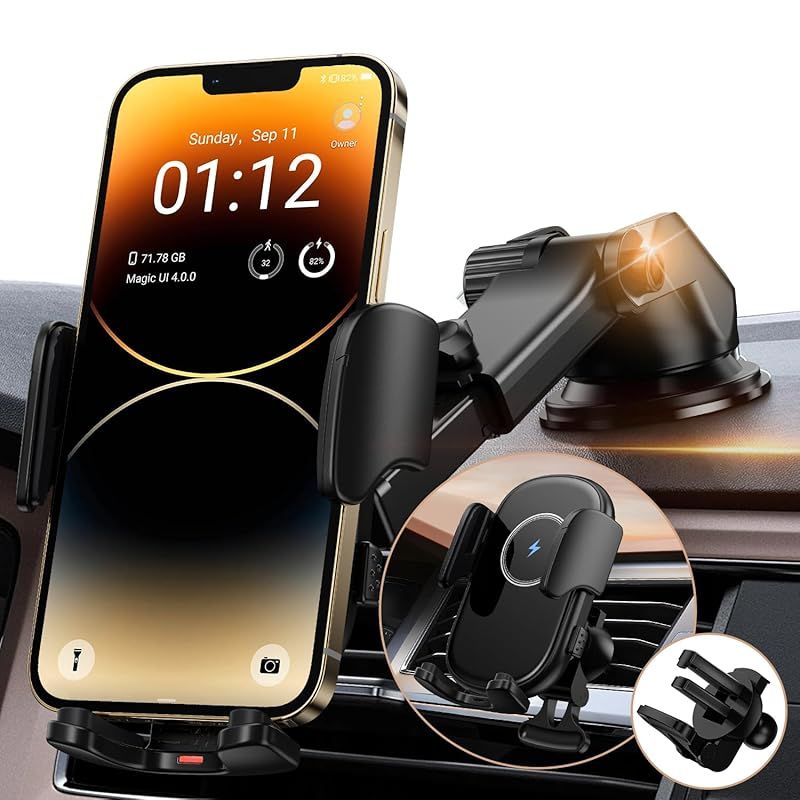 Topmake 【2024最新強化版】15Wワイヤレス充電器 スマホホルダー 車 車載ホルダー ゲルサクションカップ/クリップ 2in1 携帯ホルダー 車 エアコン吹き出し口 伸縮アーム 車載マウント 自動開閉 