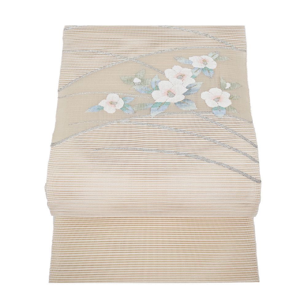 絽綴れ 名古屋帯 正絹 クリーム 椿 Lサイズ N2898 美品 夏物 夏