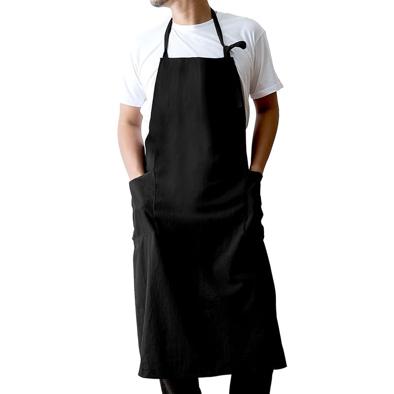 [Chapdaddy] エプロン メンズ専用 撥水加工 カフェ風 リネン配合生地 長尺 すらっとエプロン(ブラック) 1