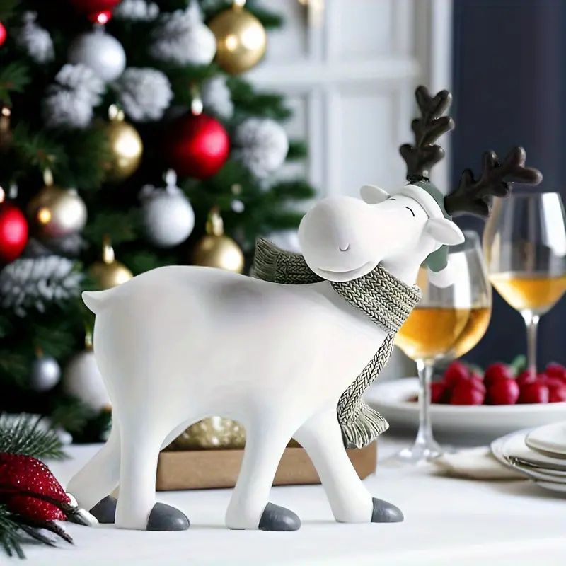 【エレガントなクリスマストナカイ置物】ヨーロッパスタイル樹脂製トナカイデコレーション - 17cm×15cm おしゃれなホリデーシーズン装飾、ギフトに最適