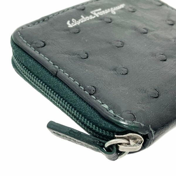 サルヴァトーレ フェラガモ コインケース ロゴ コインパース オーストリッチ レザー 革 ダークグリーン 深緑 22 B 078 Salvatore Ferragamo ラウンドファスナー 小銭入れ ブランド小物