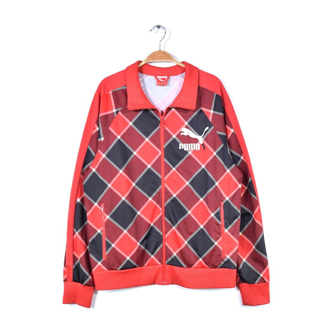 プーマ 赤黒 チェック柄 フルジップアップ トラックジャケット ジャージ PUMA メンズL 古着 @CK0204