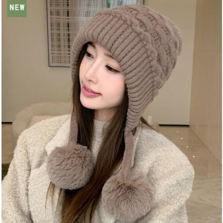 ニット帽 レディース 帽子 ニットキャップ 耳当て ポンポン ぽんぽん 