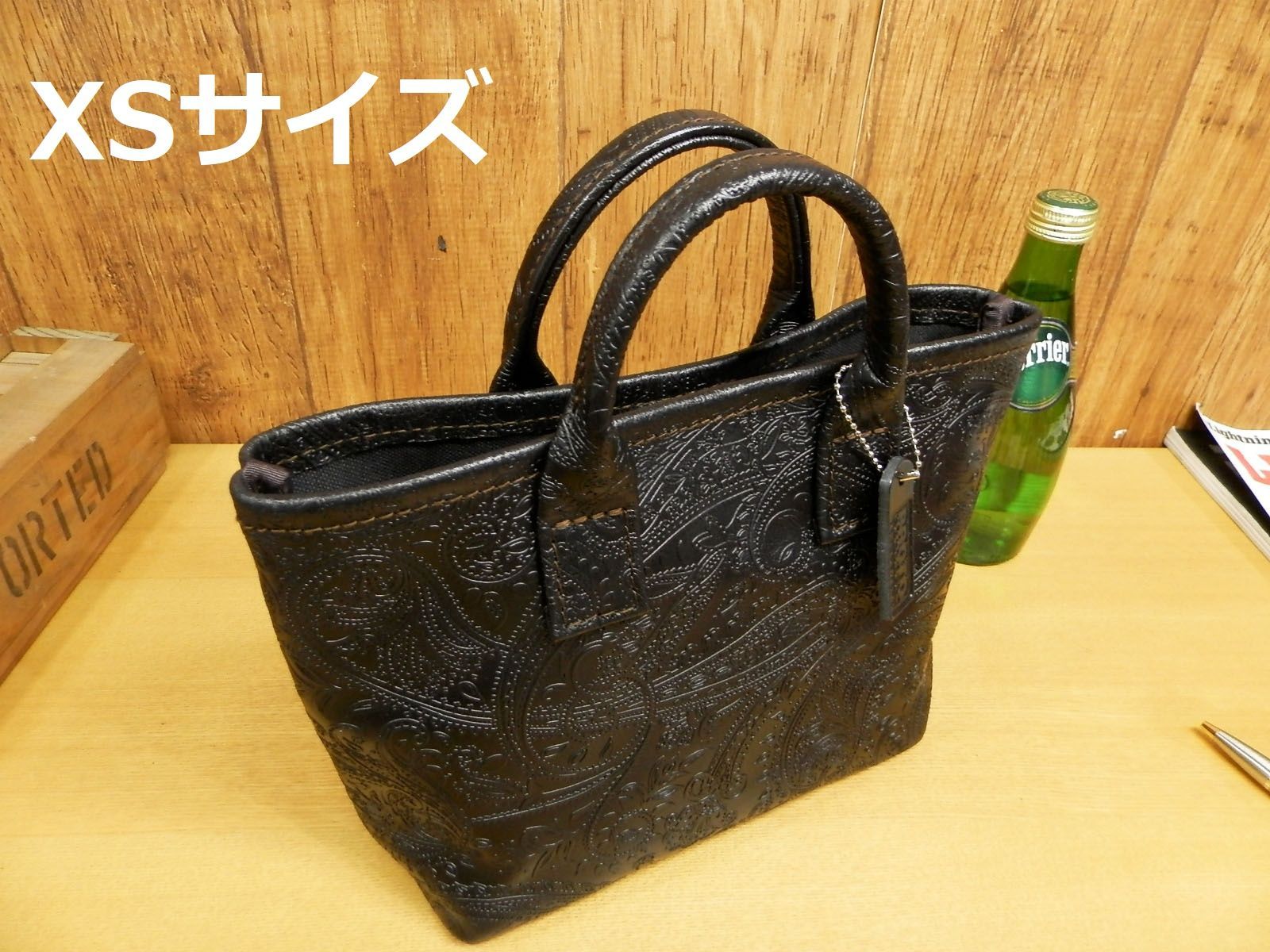 【ハンドメイド1点物】日本製姫路レザー／ブラックペイズリー／ミニトートバッグ ☆XSサイズ☆ちょい悪ブラックペイズリーのミニトートバッグ
