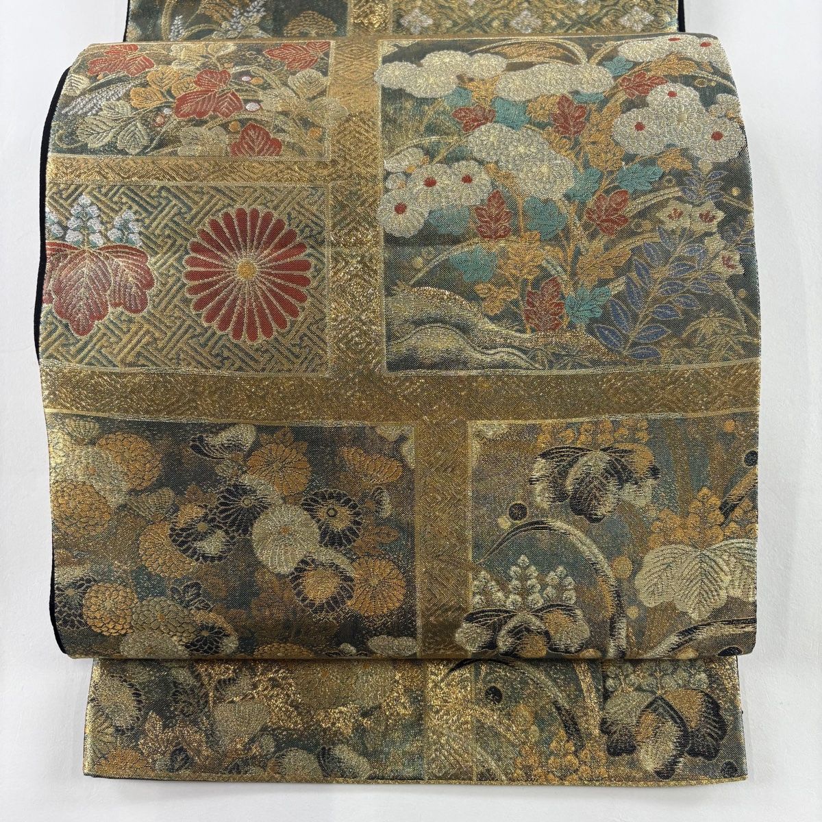 袋帯 秀品 菊 桐 箔 金銀糸 金色 六通 正絹