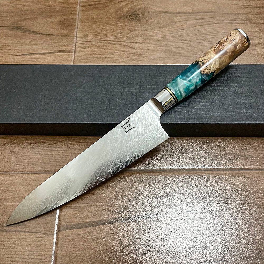 NK25C02 牛刀包丁 包丁 ダマスカス 67層 V金10号 200mm プロの切れ味をご家庭で 刃幅|47mm 刃渡り約205mm 刃