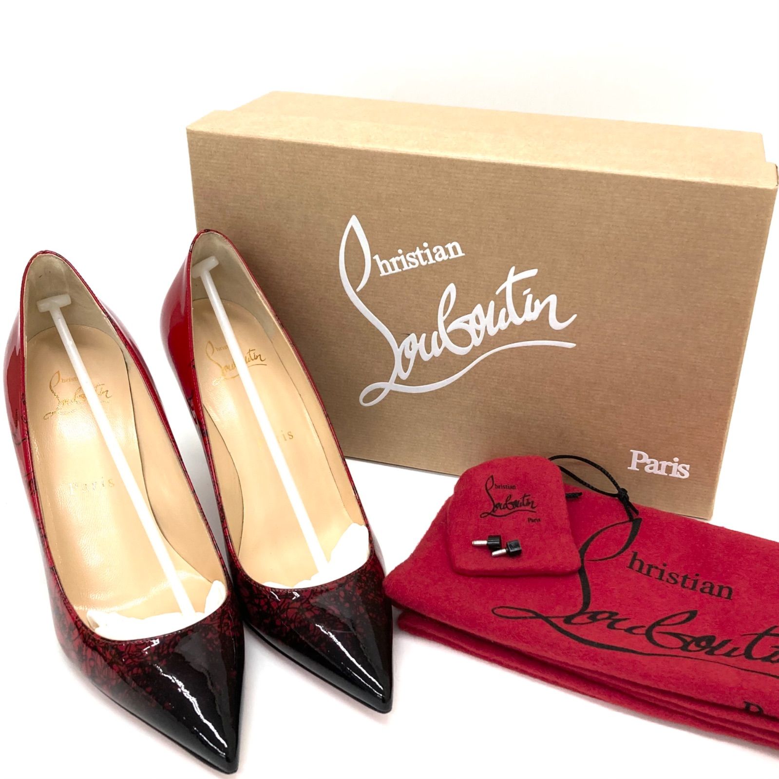 ◆Christian Louboutin◆クリスチャンルブタン パテントレザー パンプス ヒール ポインテッドトゥ 赤 黒 ロゴ