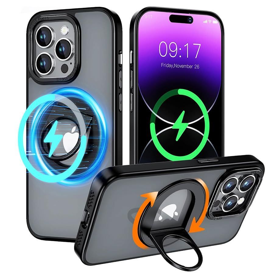 【人気商品】カバー MagSafeケース 13 スタンド機能 iPhone iPhone 14 360度回転 (iPhone14/iPhone13 アップルホール付き 指紋防止 MagSafe対応 リング付き 黒) ケース iPhone14 iPhone13