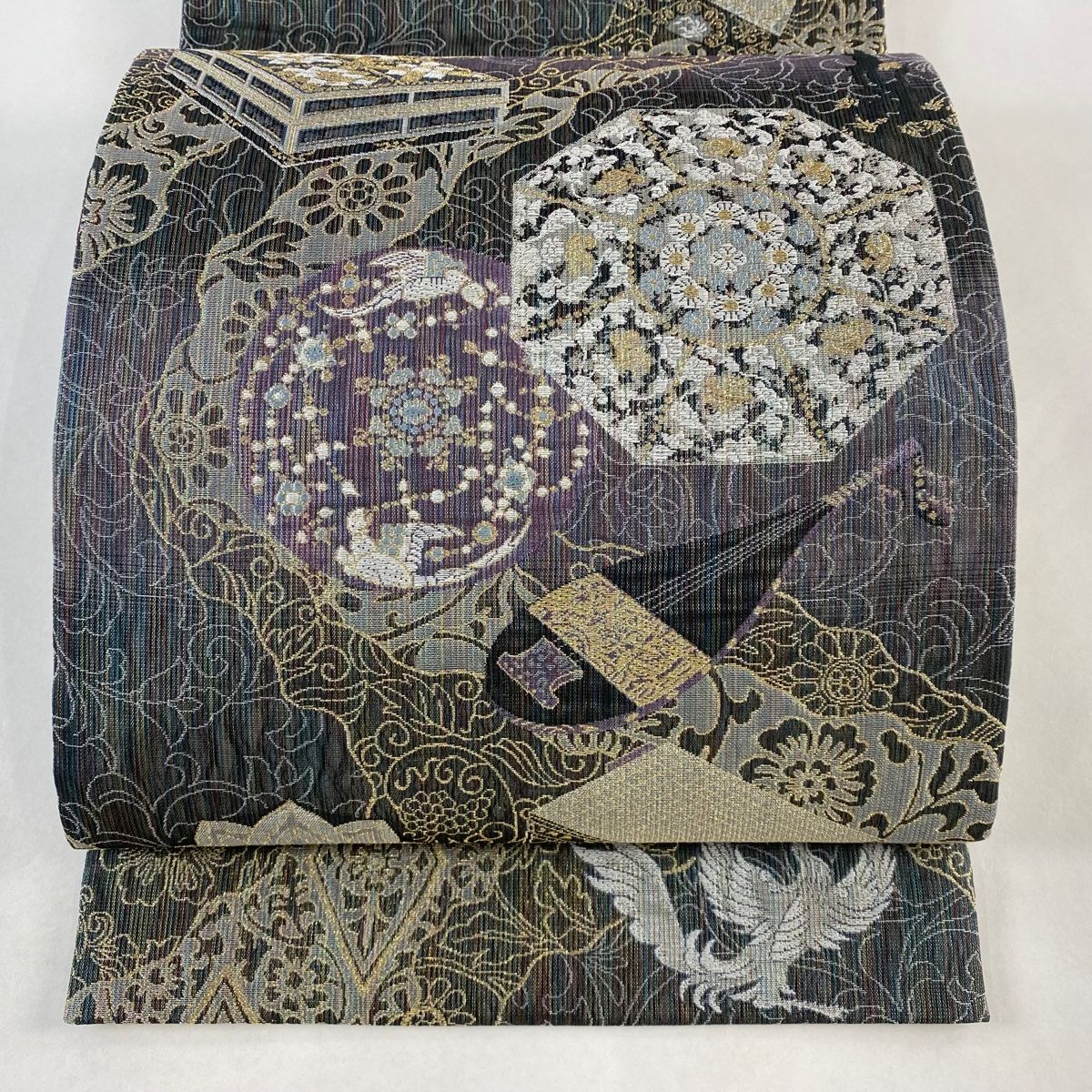 袋帯 名品 正倉院宝物八捨八文様 金糸 箔 紫 全通 正絹