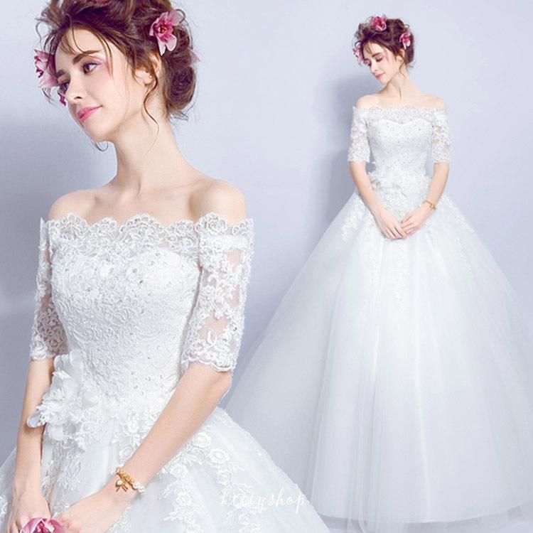 【送料無料】ウェディングドレス オフショルダー 袖あり 花嫁ドレス レース チュール シンプル 結婚式ドレス 白 ロングドレス ホワイトドレ【目玉商品】ZZ520