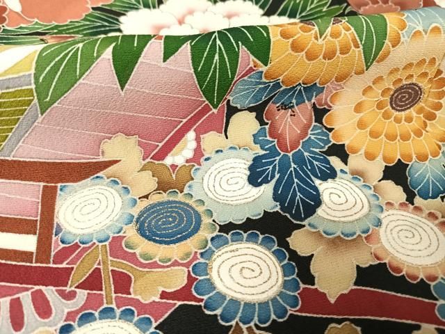 平和屋着物●本加賀友禅作家　寺西次作　黒留袖　花車文　正絹　逸品　AAAV9189np 平和屋着物○本加賀友禅作家 寺西次作 黒留袖 花車文 正絹 逸品