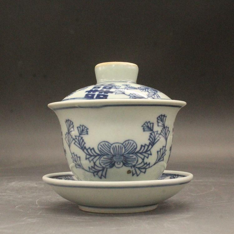 中国茶器 景徳鎮 締め金糸青花磁蓋碗 茶碗 煎茶器 景徳鎮