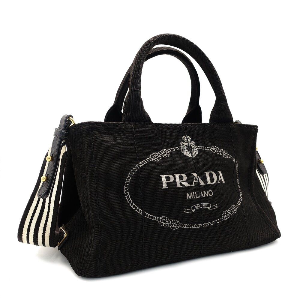 プラダ PRADA カナパ ミニ ハンドバッグ キャンバス ブラック 2way 黒 ストライプ クロスボディ ロゴ 7-9-345
