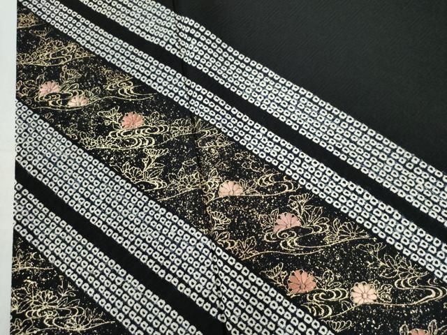 平和屋着物○訪問着 絞り 刺繍 流水草花文 黒地 金彩 正絹 逸品