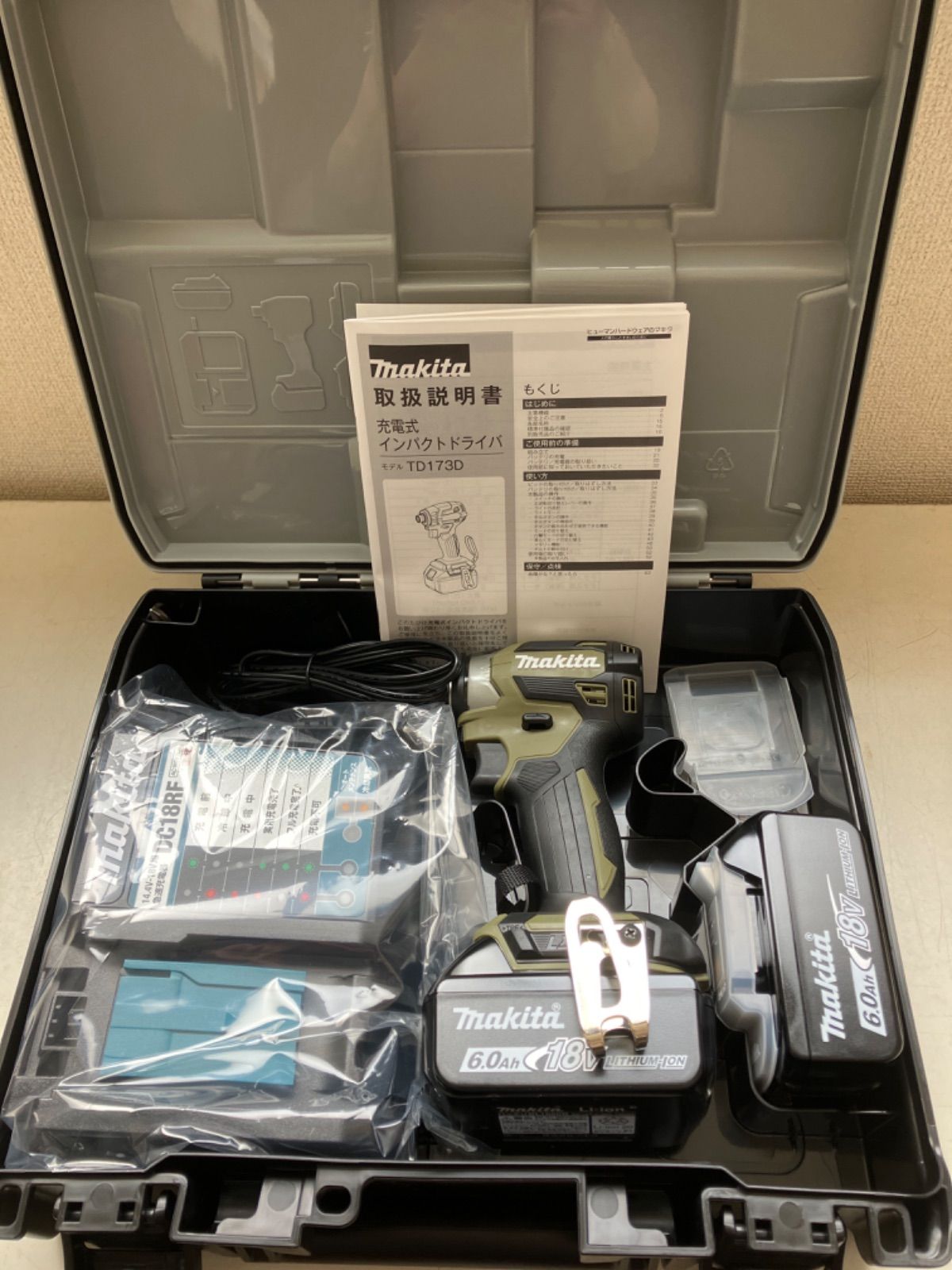 TD173DRGXO オリーブ インパクトドライバ18V リチウムイオン6.0Ah マキタ工具フルセット 純正バッテリBL1860B×2個＋充電器DC18RF付き インボイス対応領収書OK 平日のみ発送