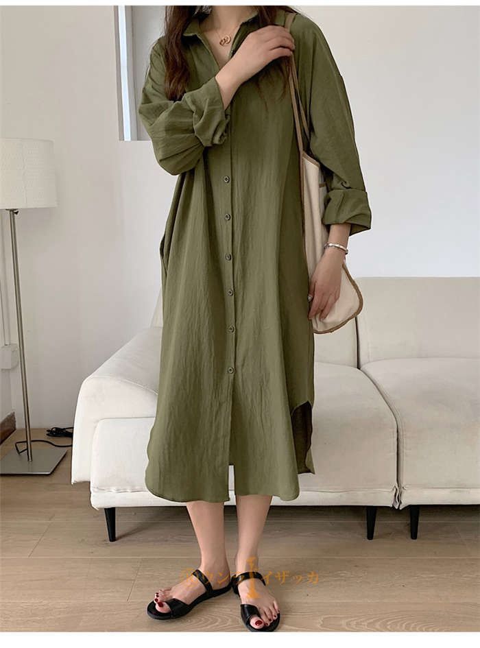 シャツワンピース 長袖シャツ 秋 ロングシャツ シャツ