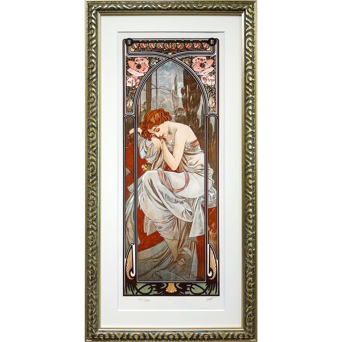 ミュシャ　額装リトグラフ　夜のやすらぎ ミュシャ『四つの時の流れ:夜の安らぎ』 リトグラフ・送料無料