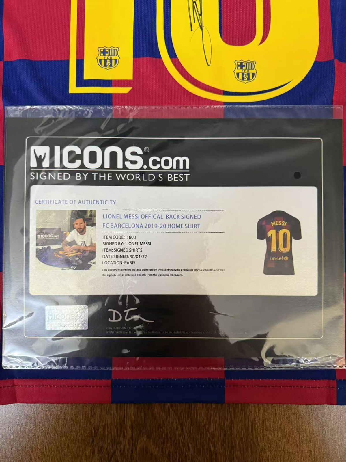 メッシ 直筆サインユニフォーム FCバルセロナ icons社証明書