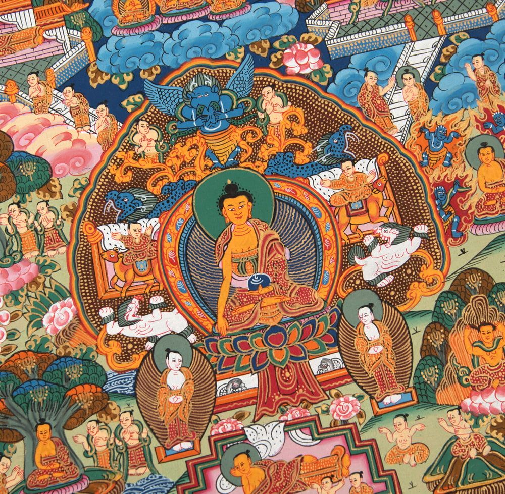 一点物〕タンカ - 釈迦牟尼仏曼荼羅[30cm x 36cm] / 観音菩薩 タンカ 仏画