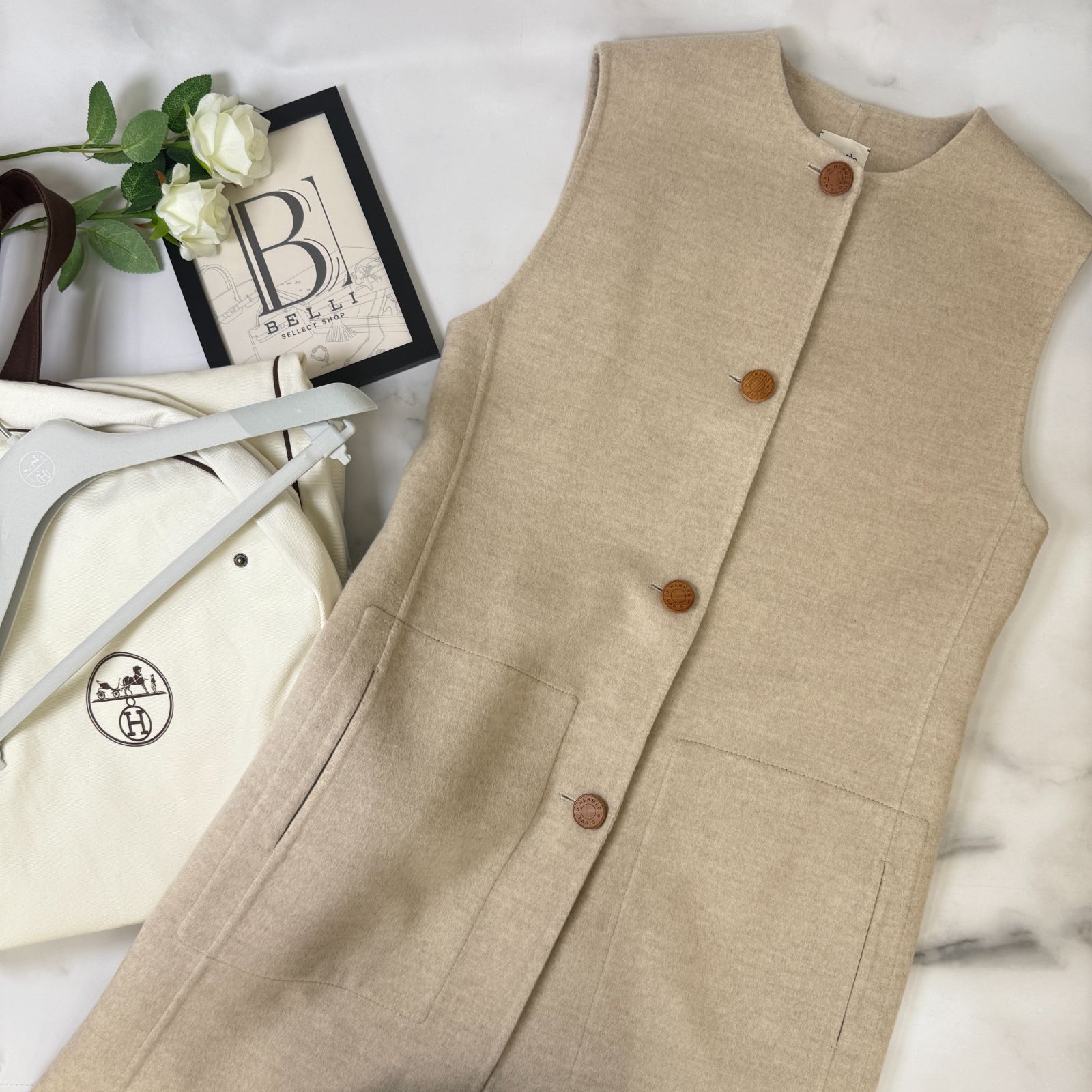 鑑定済み エルメス ジレ 40 11号程度 3H0191DB ベージュ ブラウン カシミア セリエボタン アウター ロング ベスト 秋冬