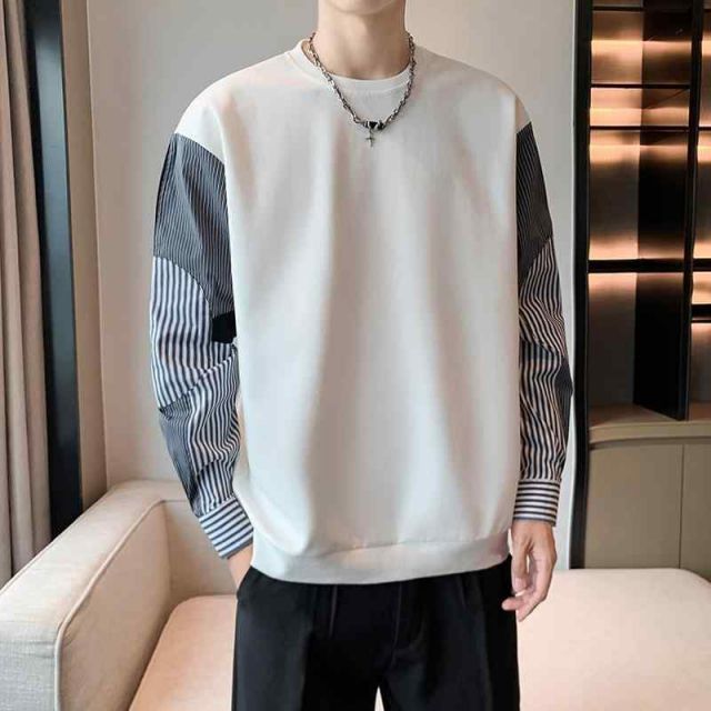 春 コーデ メンズ 用 服 シンプル ファッション オシャレ 大人 かっこいい 大きいサイズ ストリート 紳士服 フェイク ツーピース スウェット シャツ オーバーサイズ ストライプ カジュアル 