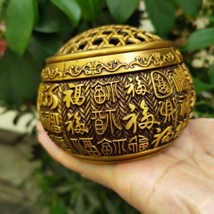 銅 細工 浮彫り百福網蓋薫香炉 茶道香炉 工芸品 美術品 置物 公式ショップ】 銅 細工 浮彫り百福網蓋薫香炉 茶道香炉 工芸品