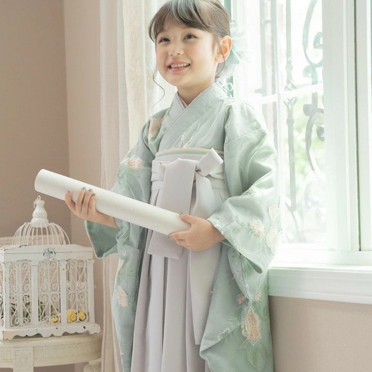 簡単袴セット HAKAST14-C 花柄刺繍チュールレース袴セット ～ミント×灰色袴～ キャサリンコテージ TAK 小学生 袴 卒業式