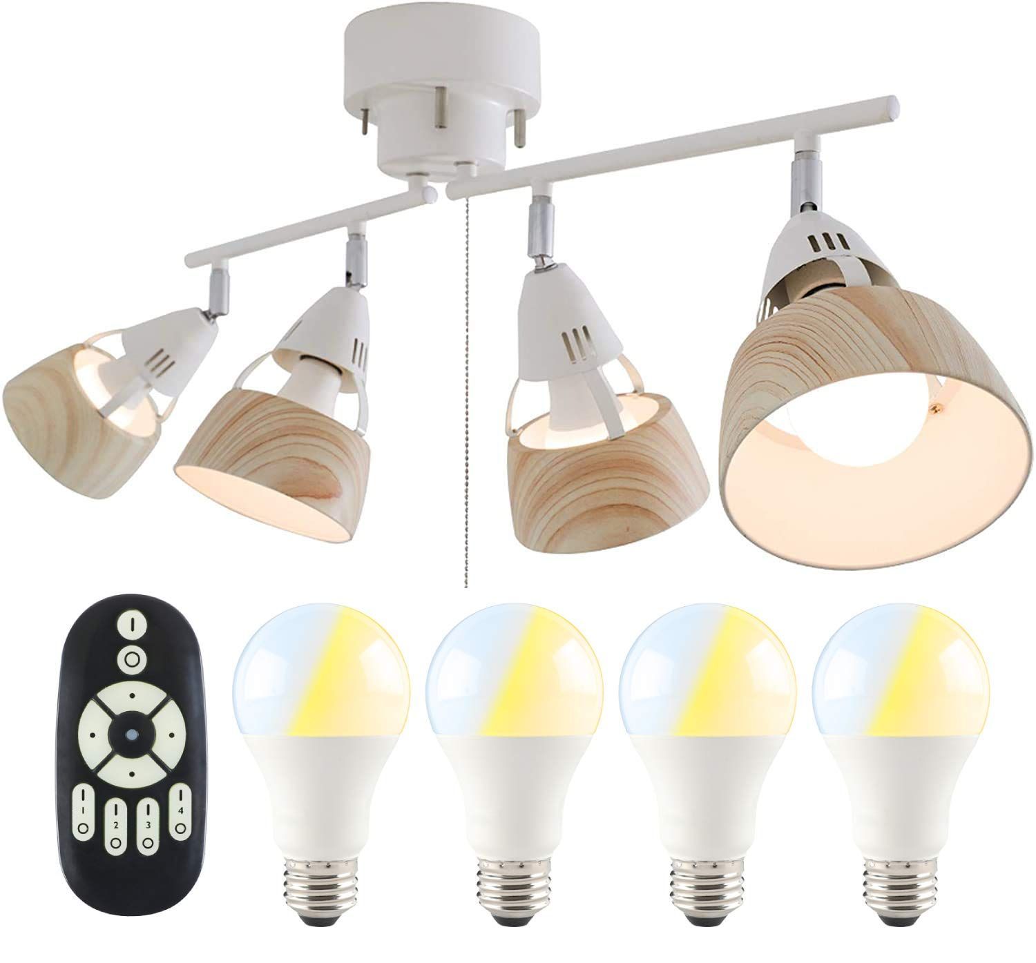 ナチュラル_調光＆調色LED電球60W形*4 リモコン 共同照明 シーリングライト 4灯 調光 調色 LED電球60W形付き リモコン操作 ナチュラル GT-DJ-4QW-9WT-2 シーリングスポットライト E26 角度調節可 折り畳み 木目調 北欧 リビン