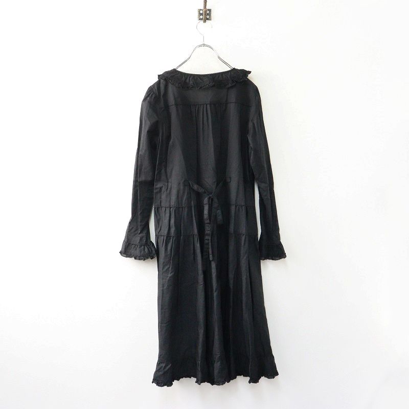 ピンクハウス PINK HOUSE スカーレットローズ刺繍 綿ローン ピコフリルギャザー前開きワンピース ブラック
