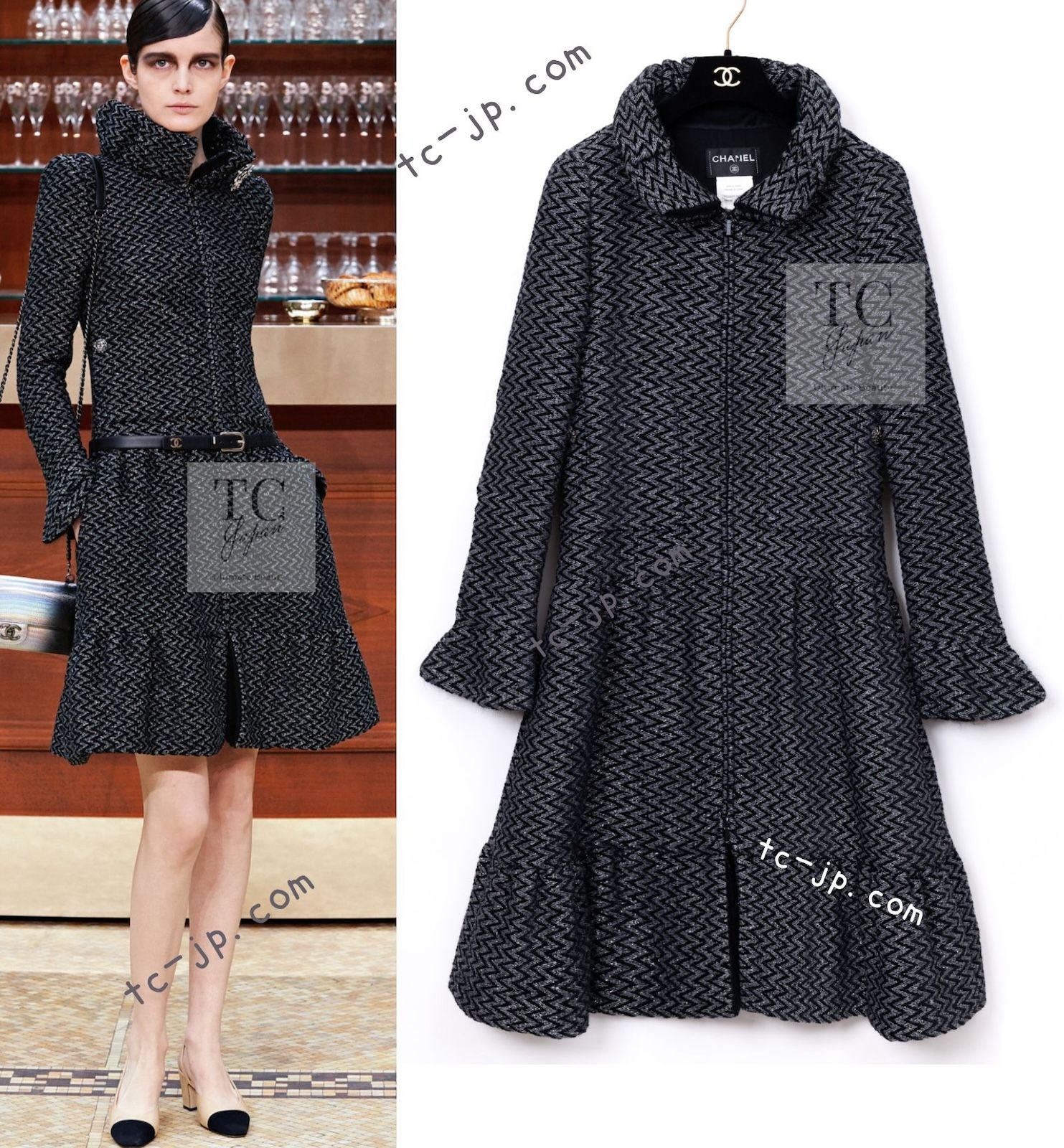 90万シャネル ワンピース コート CHANEL グレー ブラック メタリック ジッパー ツイード ランウェイ登場 カール ラガーフェルド 超 36
