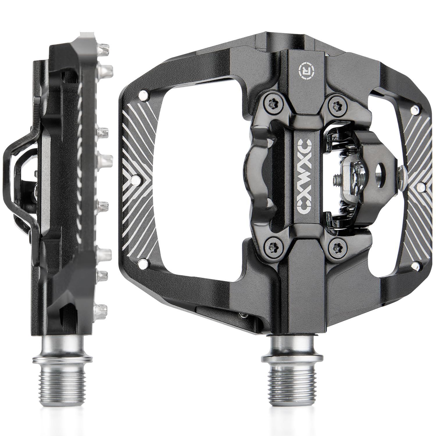 ブラック CXWXC 自転車 ペダル ビンディングペダル 片面フラット 滑り止め 広い踏み面 9/16インチ クリート付属 アルミ製 ブラック (CX-159)