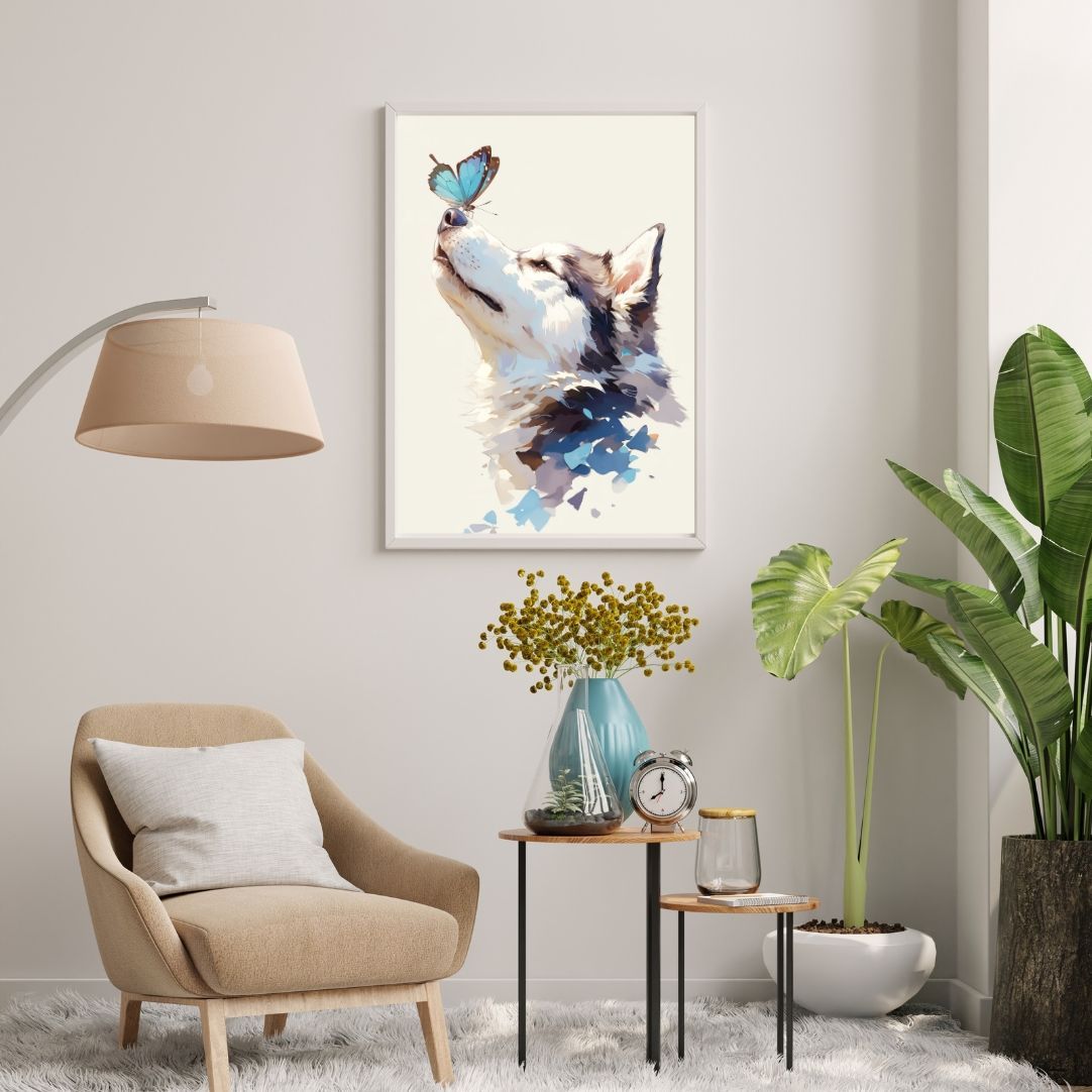 蝶犬戯舞 - シベリアンハスキー犬 No.1】春・蝶・アートポスター・犬の絵・