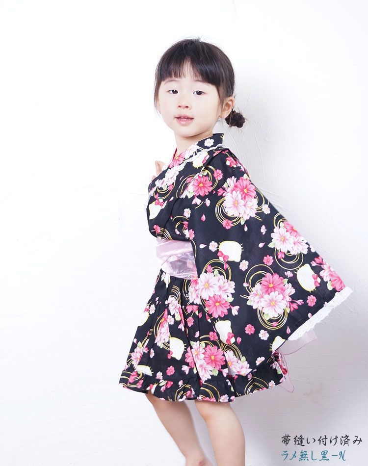 아동용 아동용 여성용 - 레이스가 달린 진페이 키티, 라메 솔저 벨트, 100/110/120 사이즈, 페스티벌 파자마, 헬로키티, 글리터링 없음, 블랙 - N