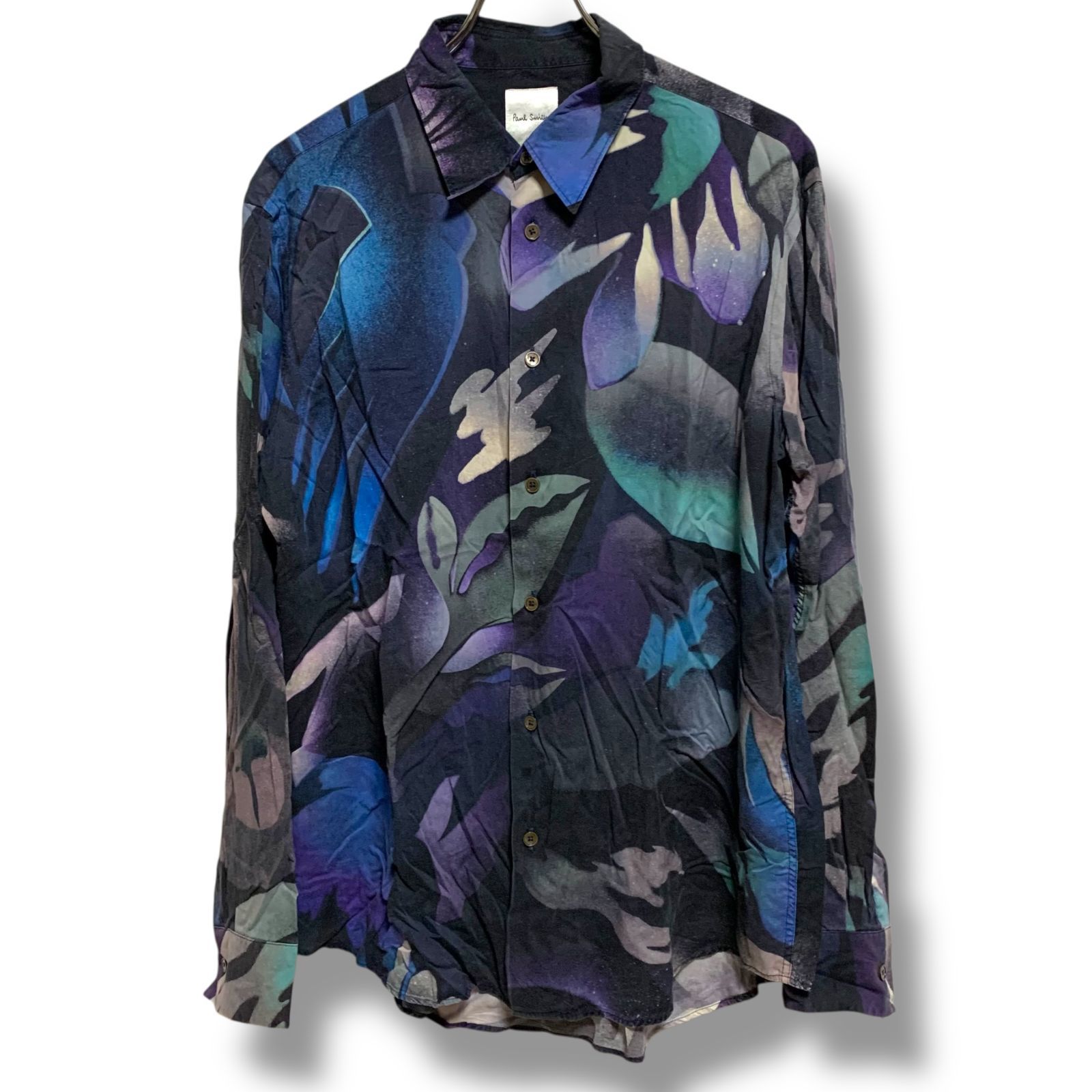 Paul Smith ポールスミス ブルー系 ボタニカル柄 長袖シャツ シルク メンズ 日本製 LARGE Lサイズ 上質素材 総柄 アート プリント カジュアル 001003H