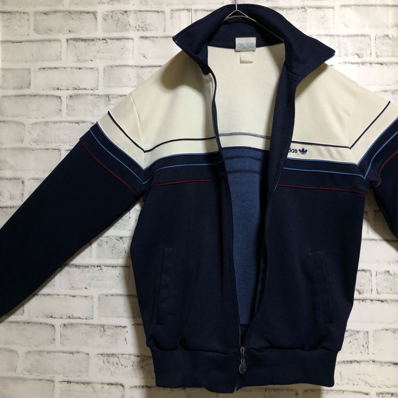 ベージュ×ネイビー　adidas 80s トラックジャケット 美品⭐️80s⭐️adidas トラックジャケット/ジャージ M 刺繍トレ