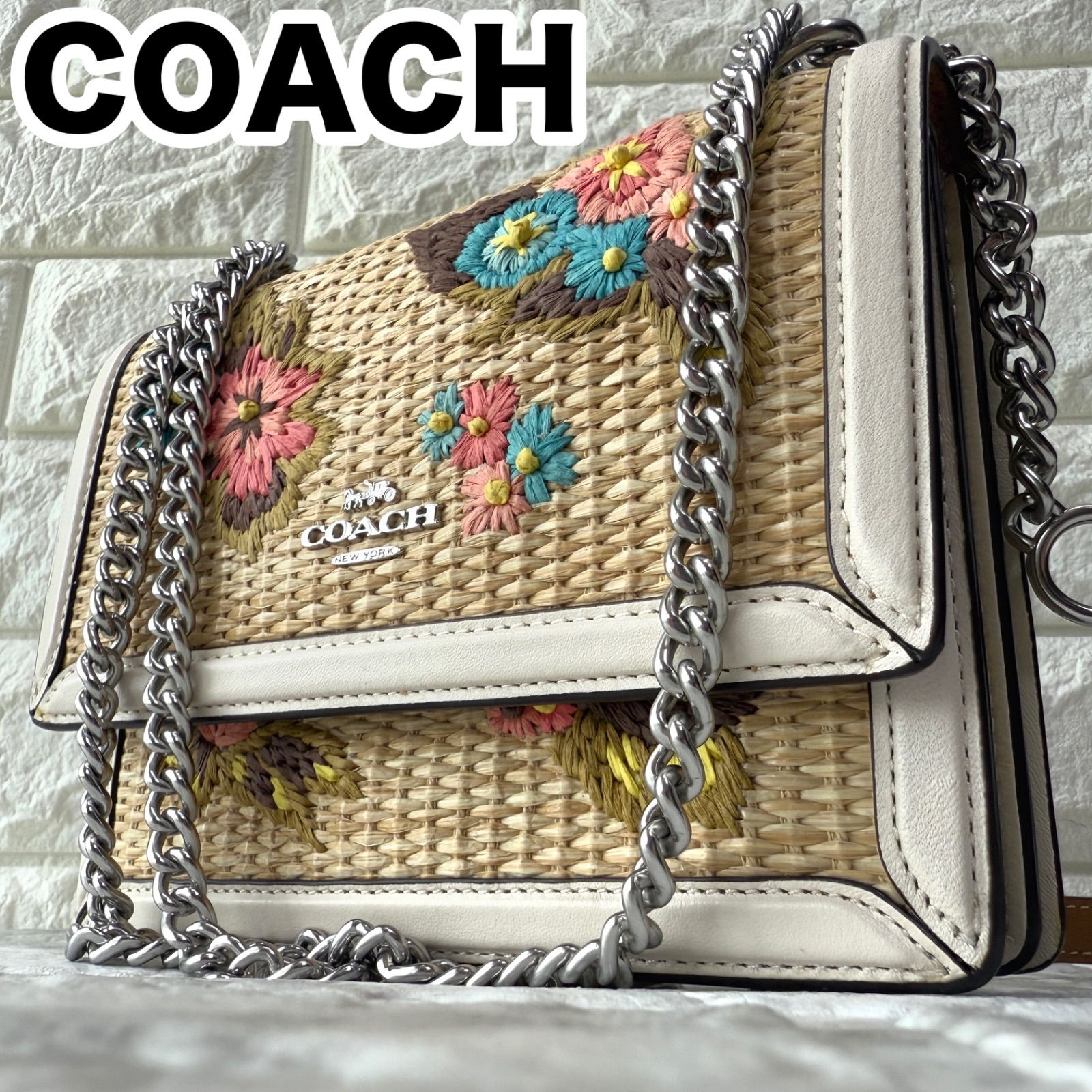 極美品 COACH コーチ ストロー素材 フローラル刺繍 チェーンショルダー 