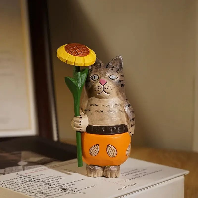 置物 装飾品 フィギュア 猫 ネコ キャット インテリア雑貨 インテリア置物 ひまわり 向日葵 木彫り 無垢材 彫刻 オブジェ オーナメント 動物 アニマル 北欧 お洒落 かわいい 癒し 玄関  オフ