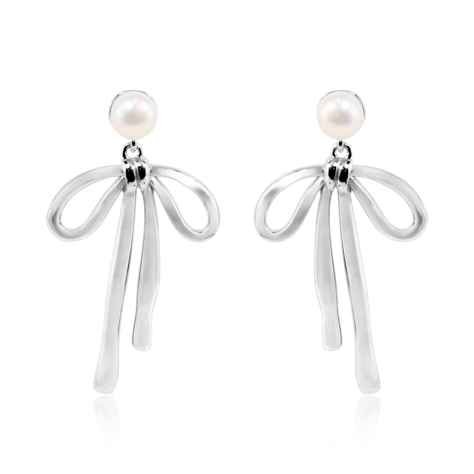 プレゼント対応 ゴールド ホワイトゴールド 36mm 上品 ギフトボックス入り - 淡水パール＆18Kメッキ S925銀 リボンピアス JEWELRY ASTERUS