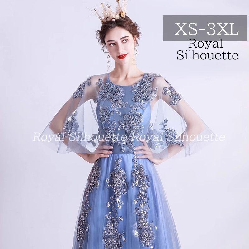 ドレス パーティードレス ブルー 青 水色 パーティー イブニングドレス ロングカート 大きいサイズ 謝恩会 XS S M L XL LL 2XL XXL 3XL XXXL 披露宴 プリンセス 透け感 姫系 演奏会 スパンコール
