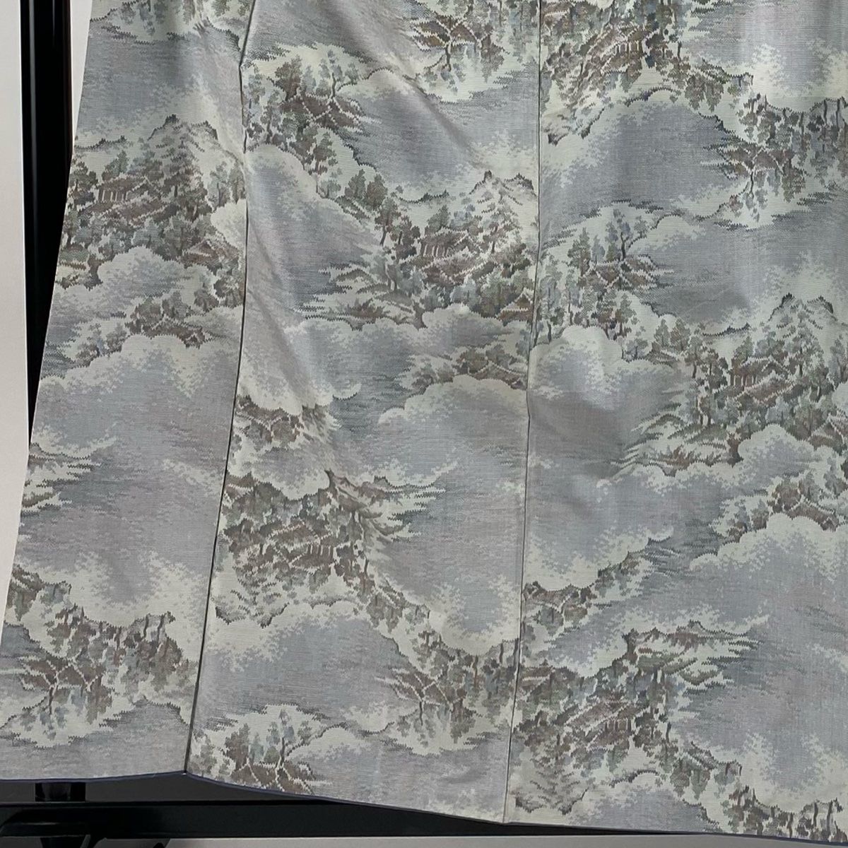 紬 身丈160cm 裄丈64cm M 袷 証紙 雲文 建物 青灰色 正絹 秀品