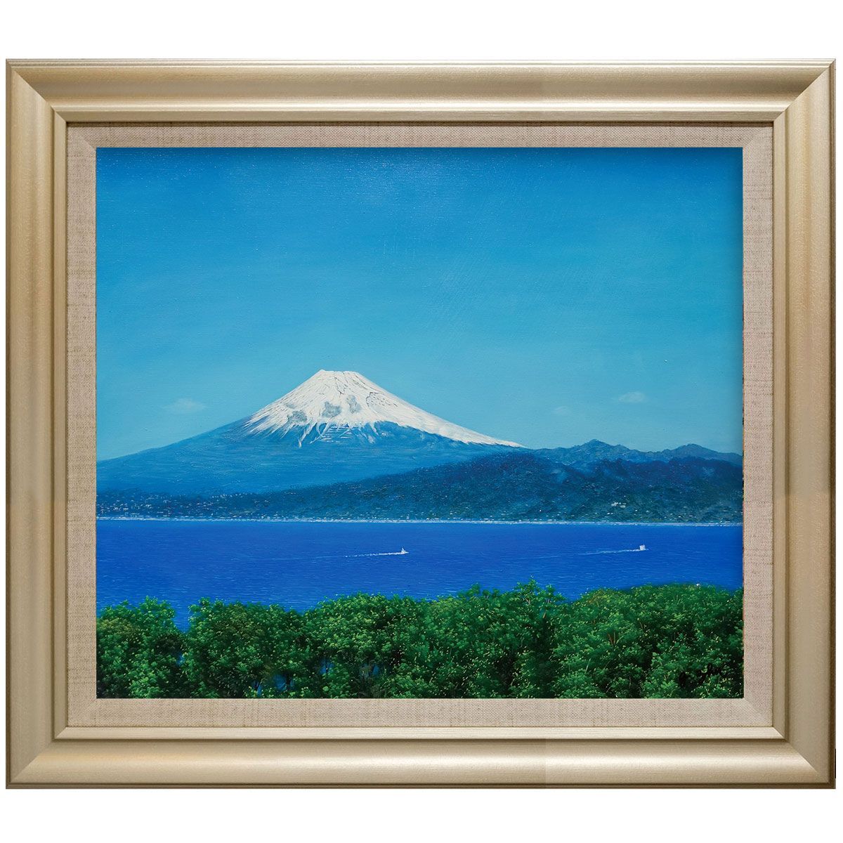 油彩画 「風渡る本栖湖の富士」 F10号 額入り 油絵 額装画 風景