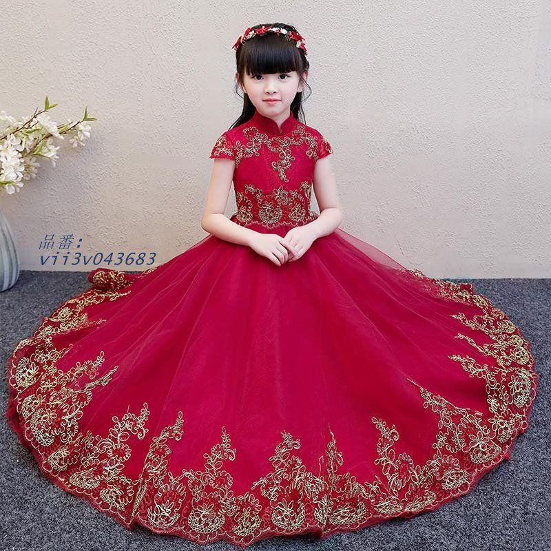 子供ドレス ロングドレス 結婚式 ピアノ発表会 女の子 赤 フラワーガールドレス 入園式 キッズ 子供 お姫様ドレス キッズ フォーマル  vii3v043683