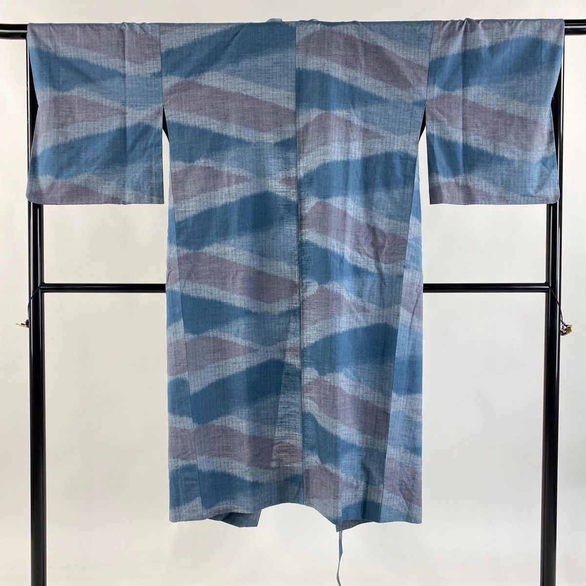 道中着 身丈124.5cm 裄丈66.5cm M 和装コート 着物衿 紬地 縦縞 幾何学 青灰色 正絹 秀品