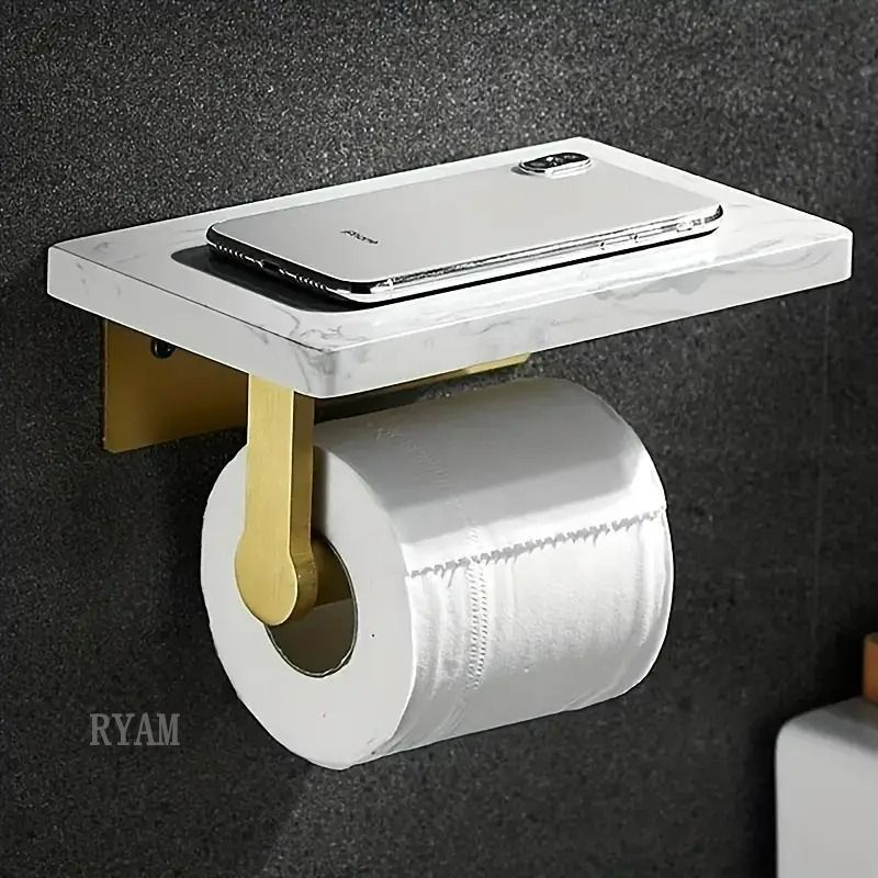 トイレットペーパーホルダー 大理石棚付き ブラック ホワイト トイレ ペーパーホルダー ゴールド モダン スタイリッシュ お洒落 シンプル