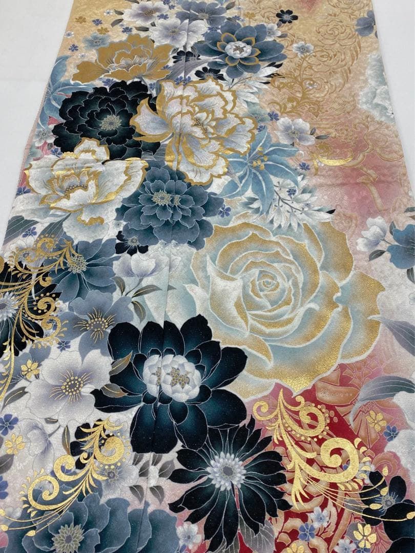 振袖 仮絵羽 銀通し 刺繍 金彩 紋意匠 牡丹 薔薇 正絹 未仕立て品 八掛