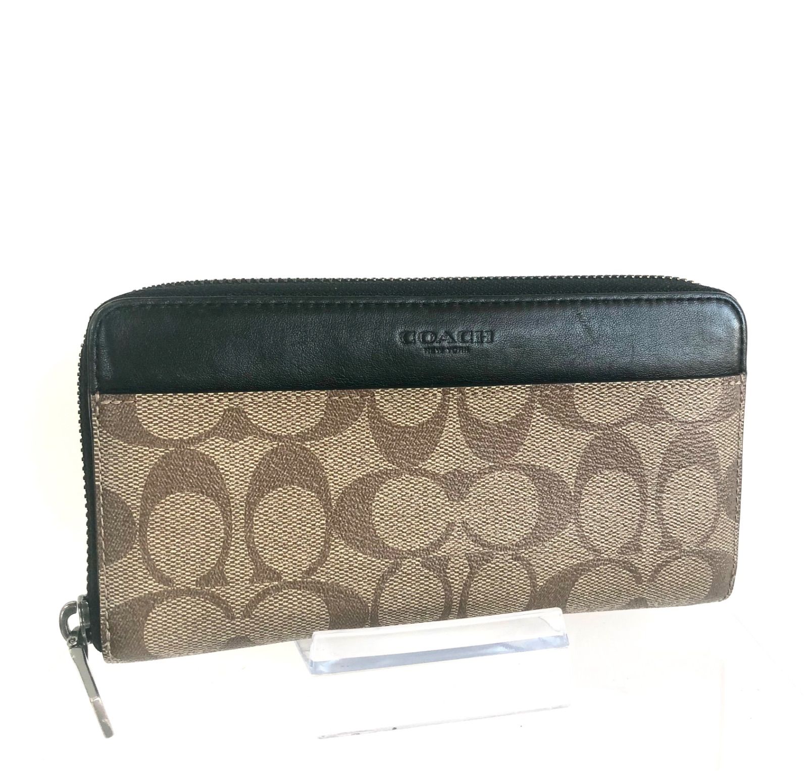 □極美品□COACH コーチ シグネチャーPVC×レザー ラウンドファスナー 