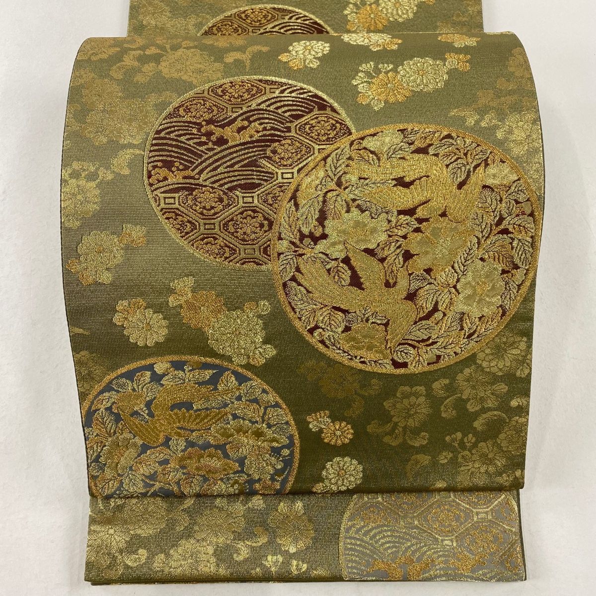 袋帯 秀品 本金箔蒔絵 花鳥 波 金糸 箔 鶯色 六通 正絹