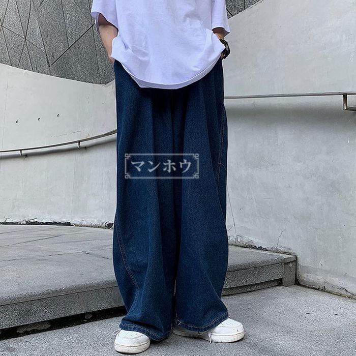新品 デニムパンツメンズワイドパンツジーンズロング丈パンツバギーパンツヒップホップ学生ストリートウォッシュロングズボン無地 kkk