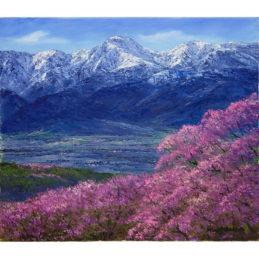 即発送】 油彩画 F10号 小川久雄「光城山からの常念岳、桜」 油絵 真筆